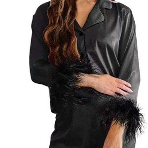 Satin Feather Trim Pajama Set - Size Medium